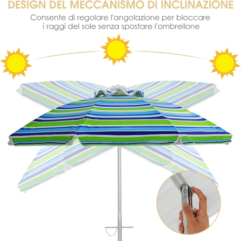 Ombrellone da Spiaggia 198 cm, Ombrello Parasole da Esterno con Palo Inclinabile in Alluminio, Ombrellone Portatile con Borsa di Trasporto, Anti UV 50+, 8 Stecche (Blu e Verde)