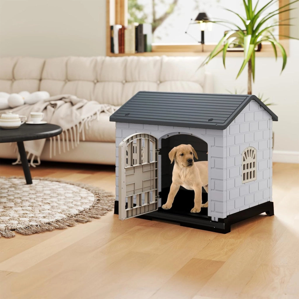 Cuccia per Cani da Esterno ed Interno, Casetta Impermeabile e Ventilata con Vassoio Toilette Rimovibile, Porta Bloccabile, 3 Finestre e Tetto a Pendenza, per Cani di Piccoli e Gatti (Grigio)
