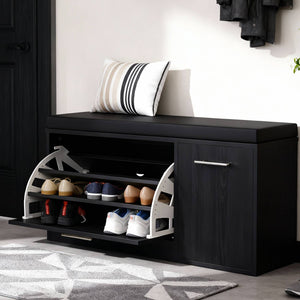 Marvin Scarpiera Panca da Ingresso con Anta Contenitore – Portascarpe Salvaspazio in Legno con Cus Nero / Cuscino Nero