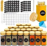 Set di contenitori per erbe in vetro e legno - 24 pezzi 120ml set di contenitori per erbe - contenitore per erbe con etichette per la cucina - scuotitore - cucchiaio - spazzola per contenitori per erbe quadrati