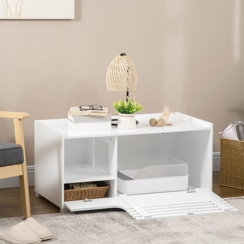 Mobile coperto per lettiera per gatti con 2 ripiani e porta magnetica, per soggiorno, bianco, 90 × 48 × 43,5 cm