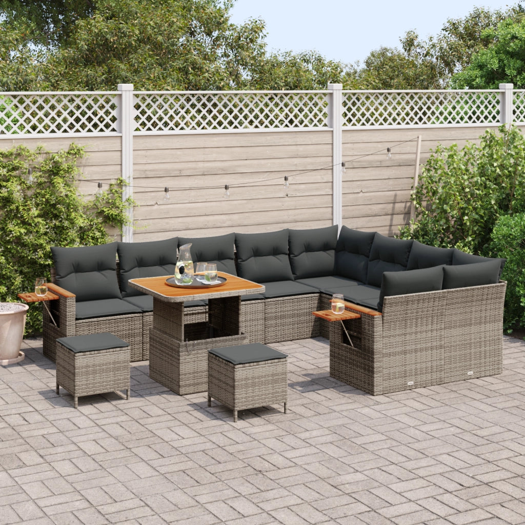 Set divani giardino a 12 pezzi con cuscini Grigio Polirattan Acacia