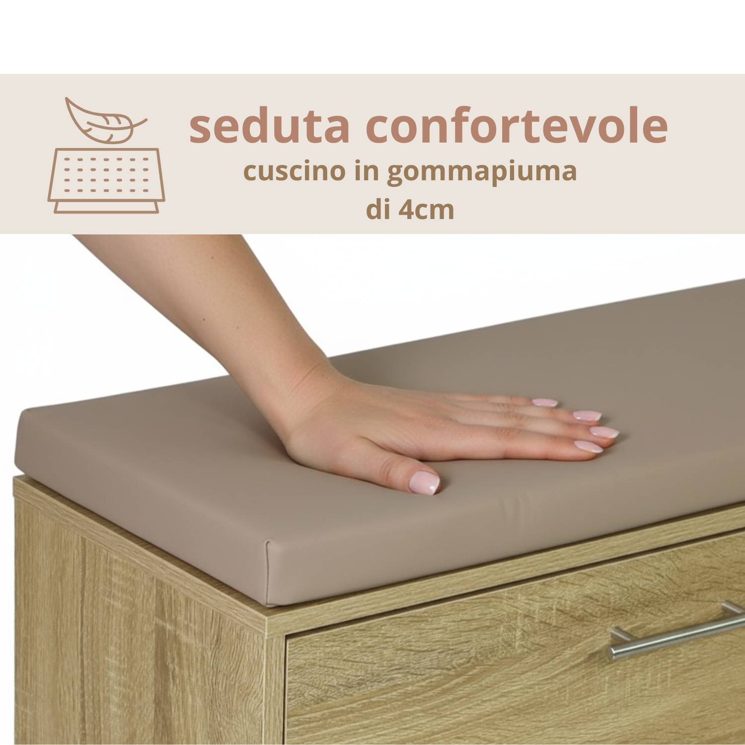 Marvin Scarpiera Panca da Ingresso con Anta Contenitore – Portascarpe Salvaspazio in Legno co Rovere / Cuscino Tortora