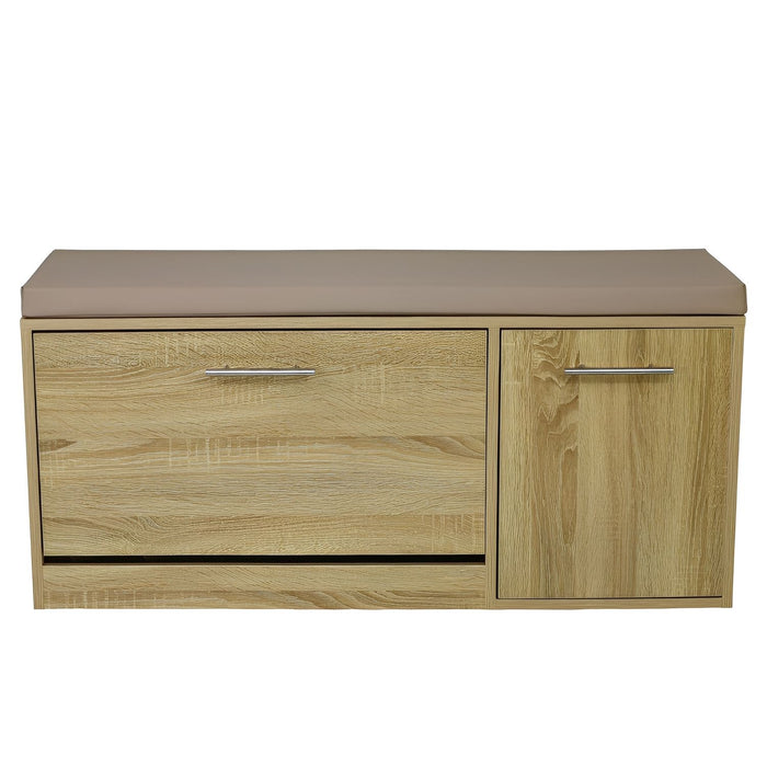 Marvin Scarpiera Panca da Ingresso con Anta Contenitore – Portascarpe Salvaspazio in Legno co Rovere / Cuscino Tortora