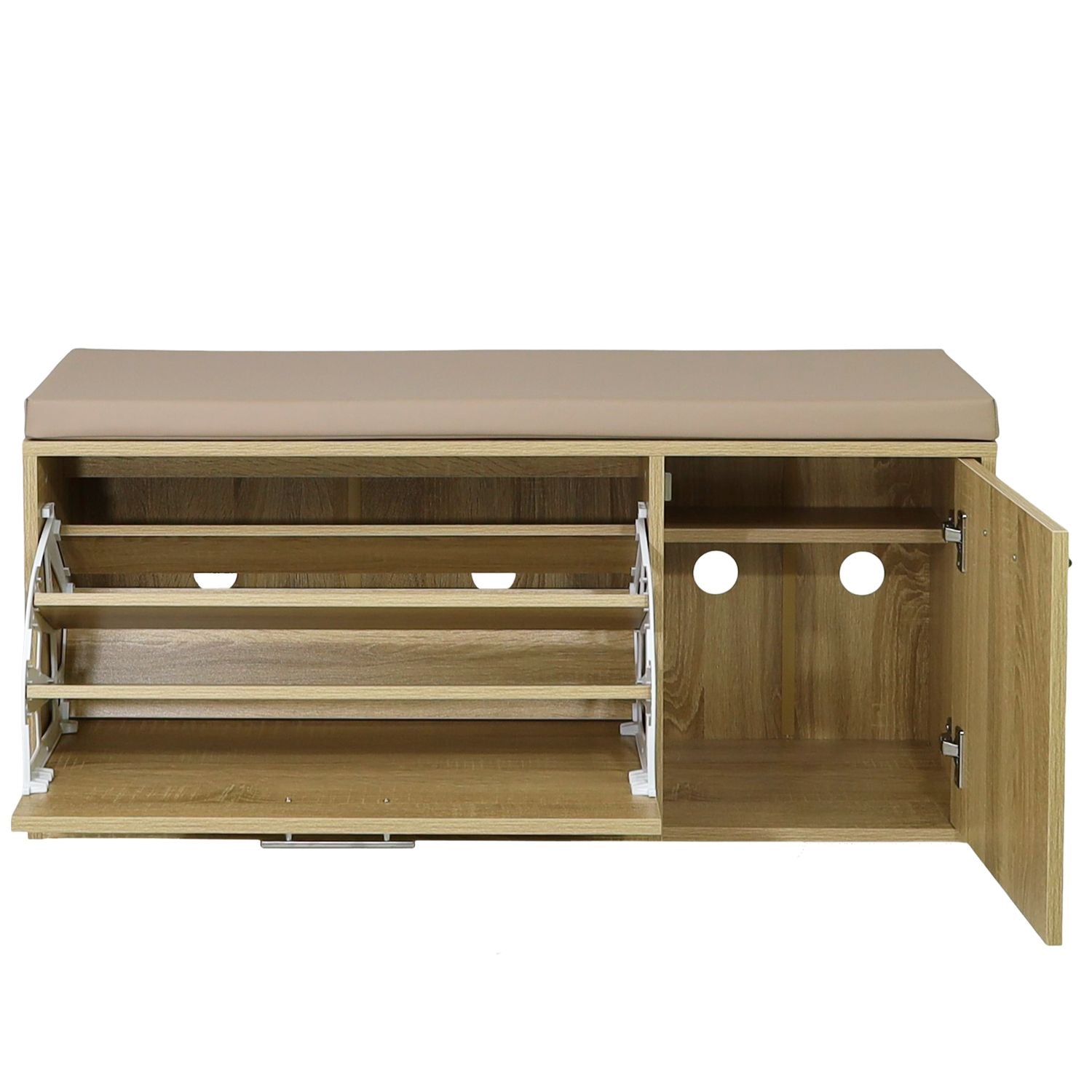 Marvin Scarpiera Panca da Ingresso con Anta Contenitore – Portascarpe Salvaspazio in Legno co Rovere / Cuscino Tortora