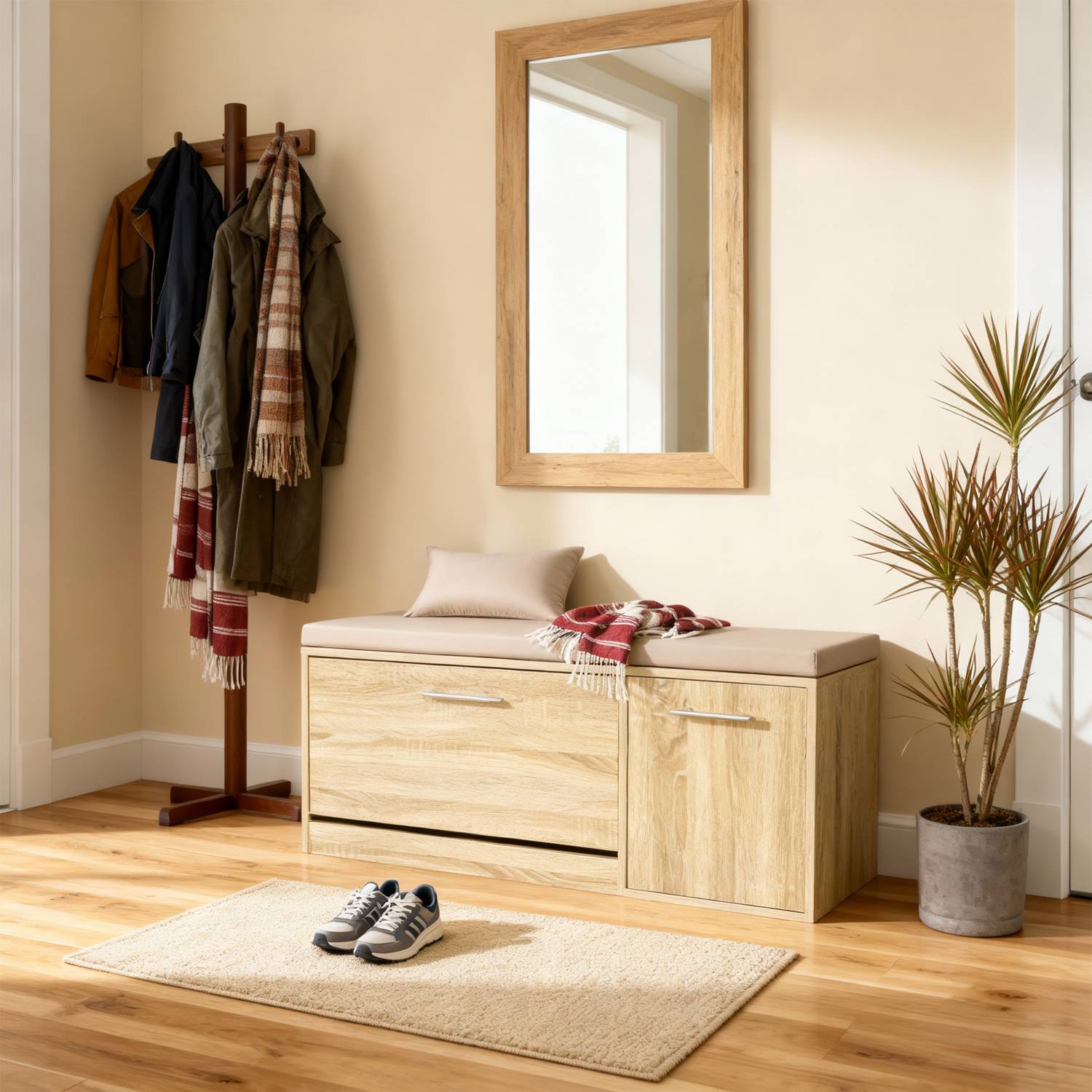 Marvin Scarpiera Panca da Ingresso con Anta Contenitore – Portascarpe Salvaspazio in Legno co Rovere / Cuscino Tortora