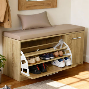 Marvin Scarpiera Panca da Ingresso con Anta Contenitore – Portascarpe Salvaspazio in Legno co Rovere / Cuscino Tortora