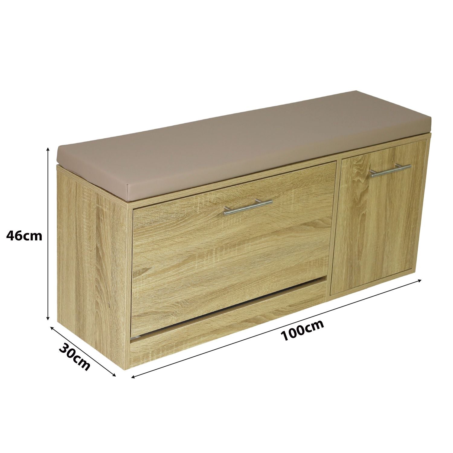 Marvin Scarpiera Panca da Ingresso con Anta Contenitore – Portascarpe Salvaspazio in Legno co Rovere / Cuscino Tortora