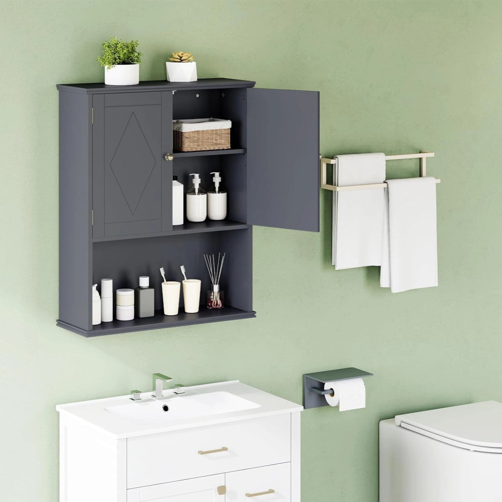 Mobile da Bagno, Armadietto a 2 Ante con Ripiano Regolabile, Armadio da Parete con Mensola Semi-aperta per Asciugamani, Prodotti per la Cura della Pelle e Articoli da Bagno (Grigio)