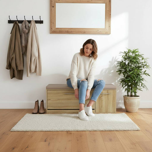 Marvin Scarpiera Panca da Ingresso con Anta Contenitore – Portascarpe Salvaspazio in Legno co Rovere / Cuscino Tortora