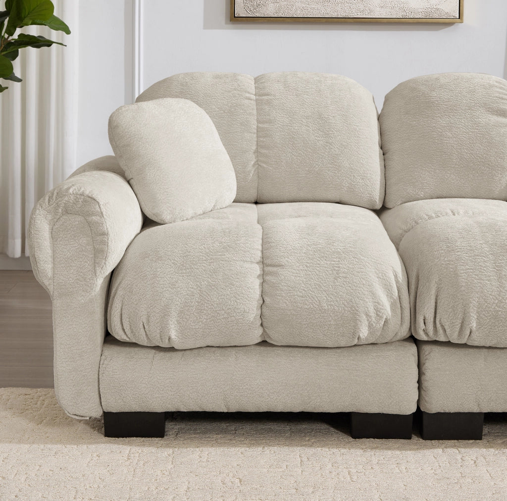 Divano angolare a L 4 posti con pouf mobile 330x149x90 cm in chenille; light khaki