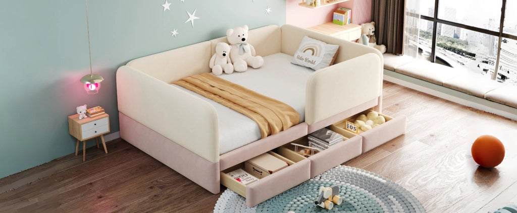 Letto imbottito per bambini 140 x 200 cm beige e rosa con cassetti
