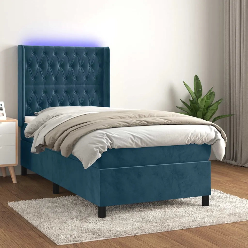 Letto a Molle con Materasso e LED Blu Scuro 90x190cm in Velluto 3139719