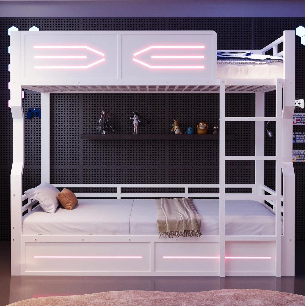 Letto a castello 90x200 cm bianco con LED, scala dritta e sponde di sicurezza