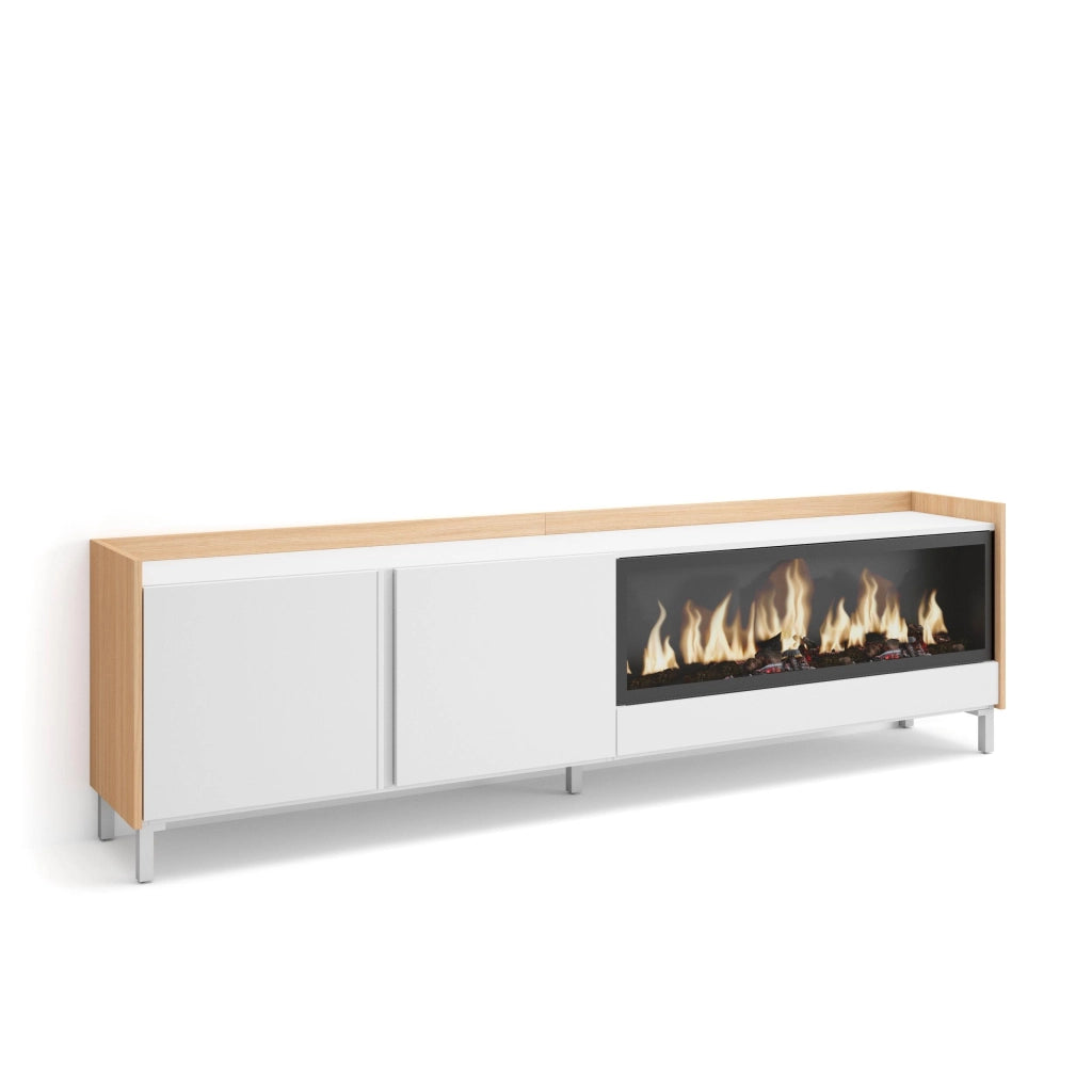 Mobile TV Soggiorno, 212x61x35 cm, Per TV fino a 80", Camino elettrico XXL, Design industriale, Bianco e Rovere soft