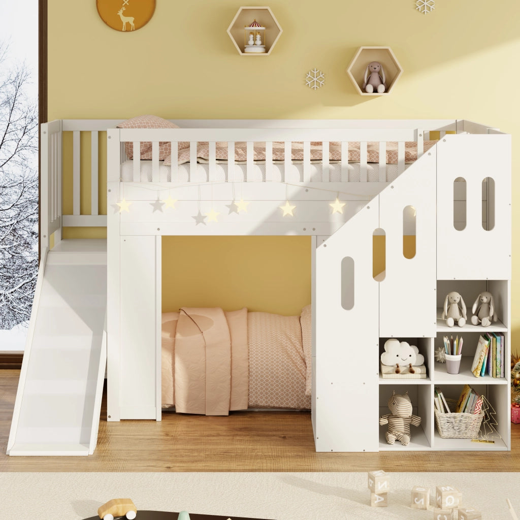 Letto a soppalco per bambini singolo 90 × 200 cm con scivolo, scala contenitore e luce led, senza materasso, bianco