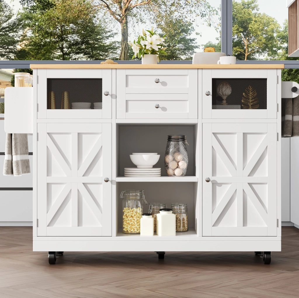 Carrello da cucina 140x70x93.5 cm con piano pieghevole in MDF bianco