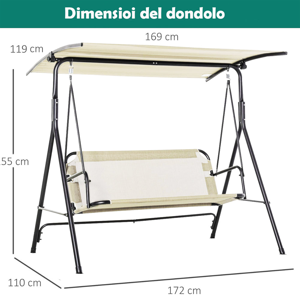 Dondolo da Giardino 3 Posti Tettuccio Parasole Regolabile 172x110x155 cm Beige