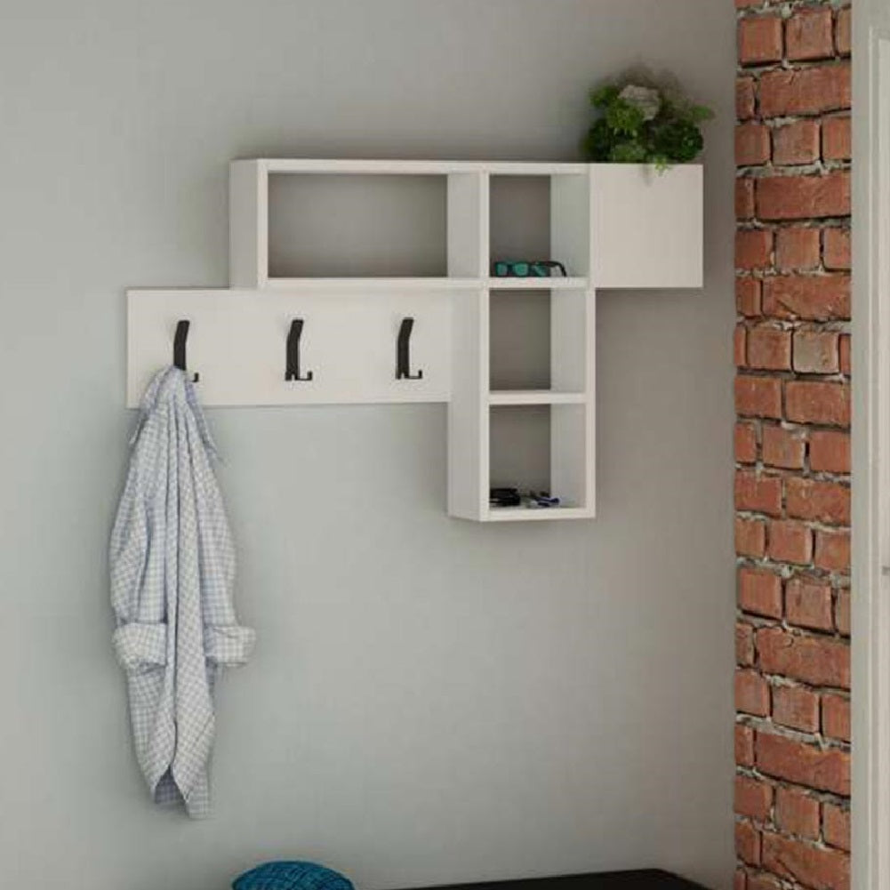 Appendiabiti Attaccapanni da Parete in Legno 9 Ganci e Mensole Bianco