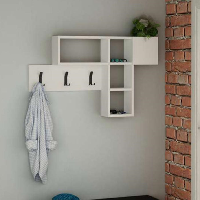 Appendiabiti Attaccapanni da Parete in Legno 9 Ganci e Mensole Bianco