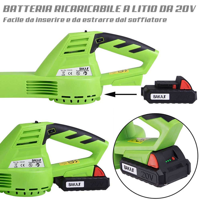 Soffiatore Elettrico a Batteria 20V 2AH 6Velocità per Foglie Giardino Ricarica Rapida