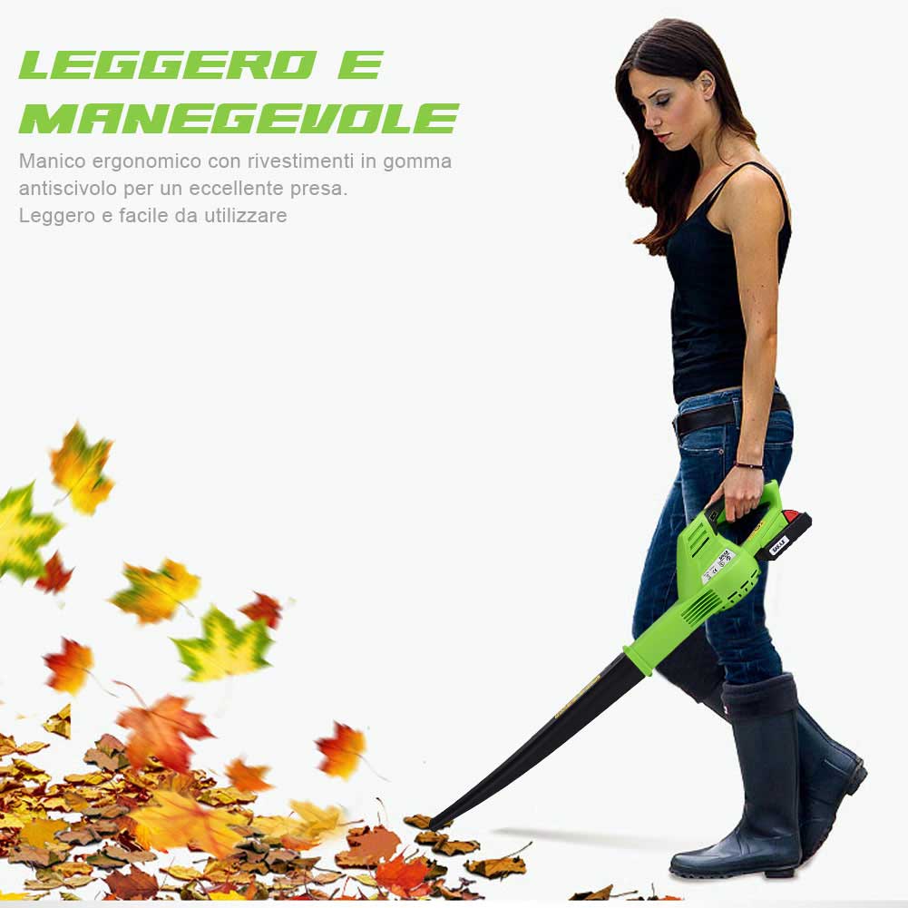 Soffiatore Elettrico a Batteria 20V 2AH 6Velocità per Foglie Giardino Ricarica Rapida