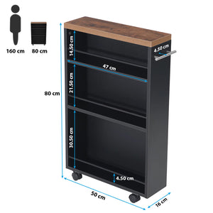 Carrello Portaoggetti Slim Salvaspazio da Cucina con 4 ruote 3 ripiani in Legno Nero