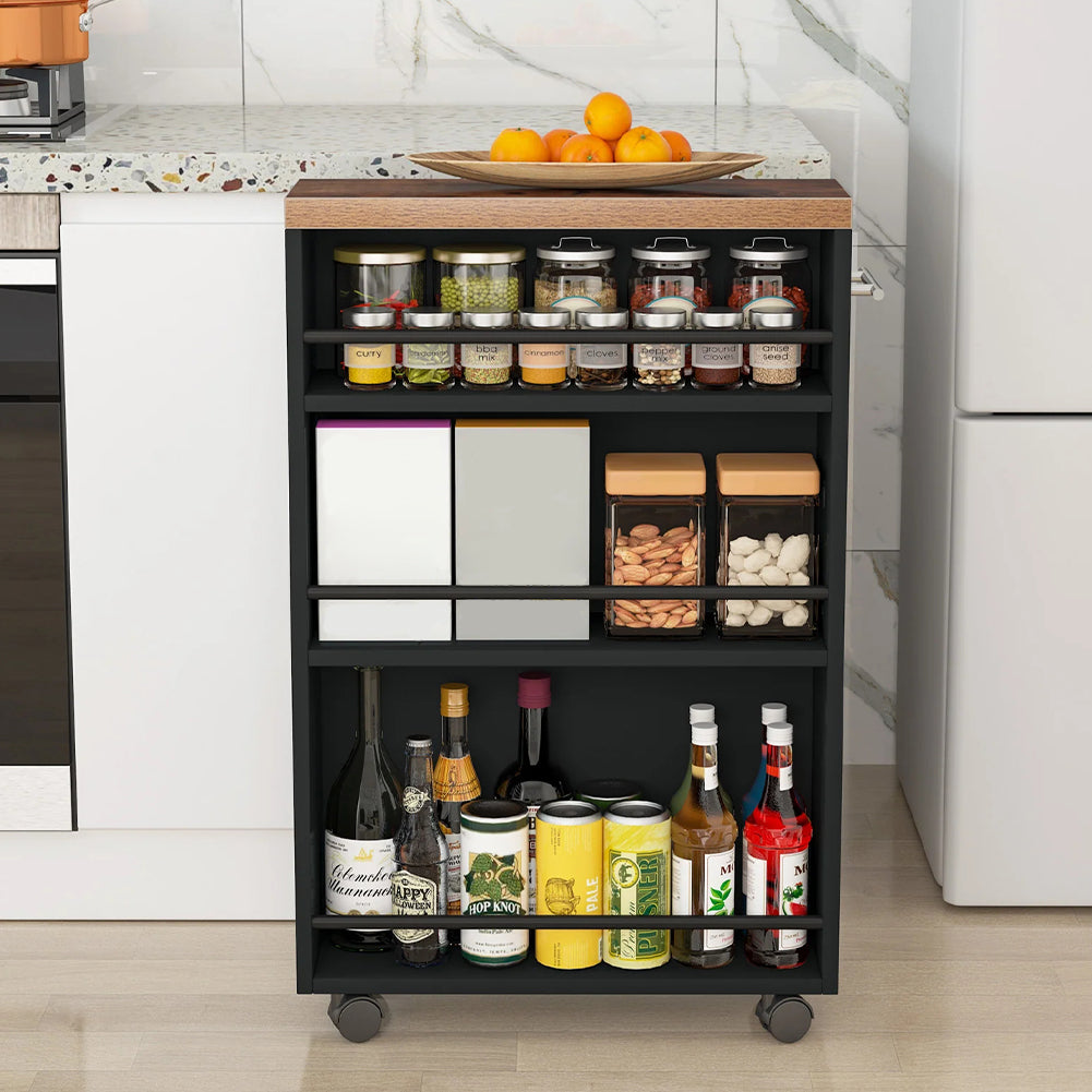 Carrello Portaoggetti Slim Salvaspazio da Cucina con 4 ruote 3 ripiani in Legno Nero