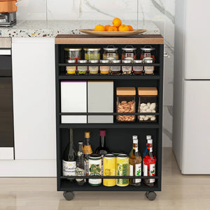 Carrello Portaoggetti Slim Salvaspazio da Cucina con 4 ruote 3 ripiani in Legno Nero