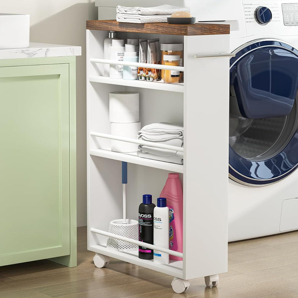 Carrello Portaoggetti Slim Salvaspazio da Cucina con 4 ruote 3 ripiani in Legno Bianco