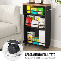 Carrello Portaoggetti Slim Salvaspazio da Cucina con 4 ruote 3 ripiani in Legno Nero