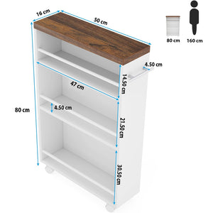 Carrello Portaoggetti Slim Salvaspazio da Cucina con 4 ruote 3 ripiani in Legno Bianco