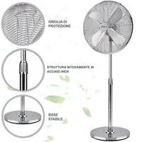 Ventilatore Colonna Piantana Acciaio Inox 60W 3 velocità Regolabile Oscillante