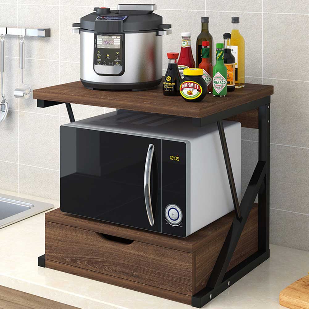 Scaffale Mensola Cucina Mobiletto Porta Microonde con Cassetto Metallo e Legno Noce