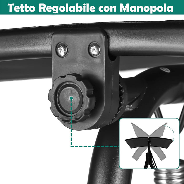 Dondolo da Giardino 3 Posti 172cm Tettuccio Regolabile Impermeabile Struttura Acciaio Nero