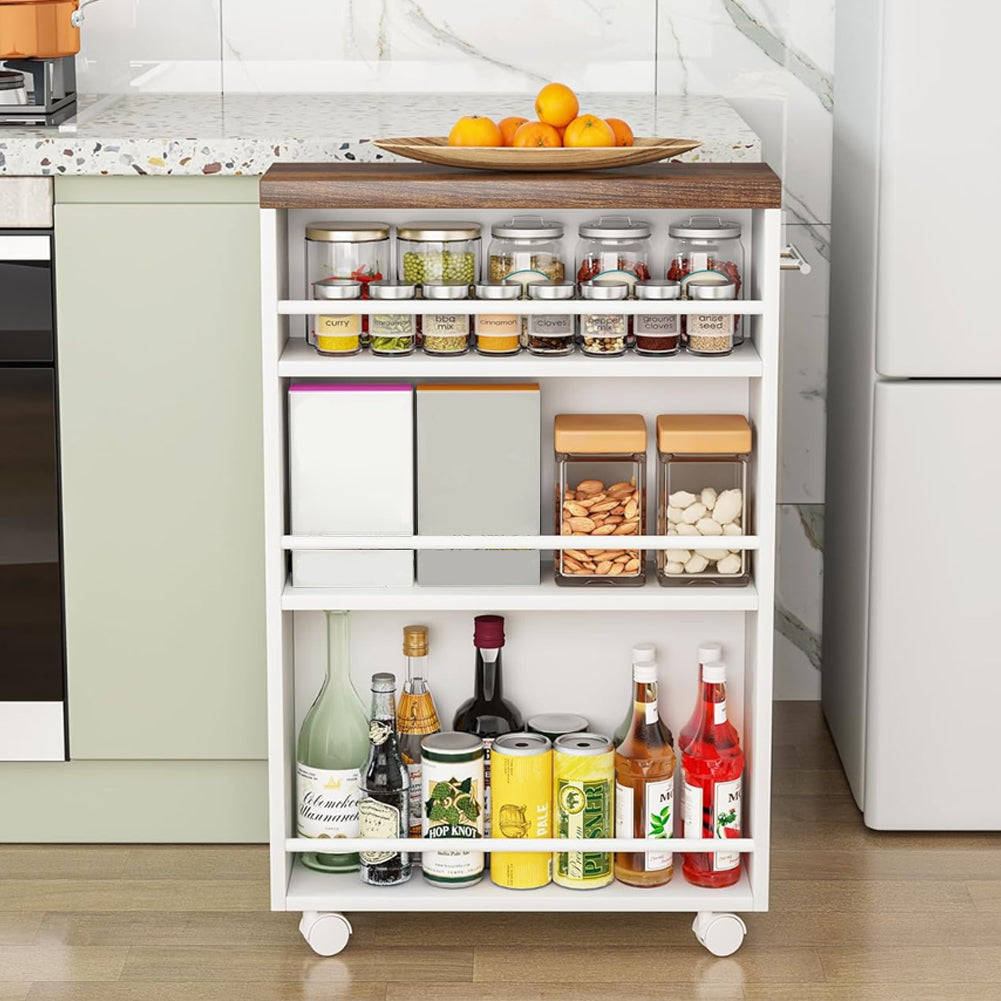Carrello Portaoggetti Slim Salvaspazio da Cucina con 4 ruote 3 ripiani in Legno Bianco