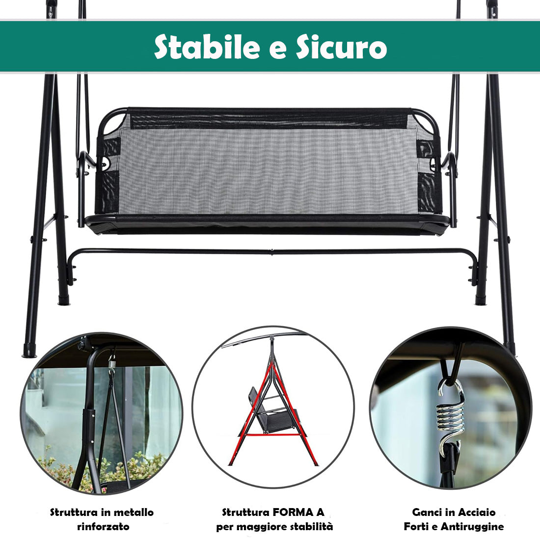 Dondolo da Giardino 3 Posti 172cm Tettuccio Regolabile Impermeabile Struttura Acciaio Nero