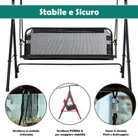 Dondolo da Giardino 3 Posti 172cm Tettuccio Regolabile Impermeabile Struttura Acciaio Nero