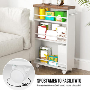 Carrello Portaoggetti Slim Salvaspazio da Cucina con 4 ruote 3 ripiani in Legno Bianco