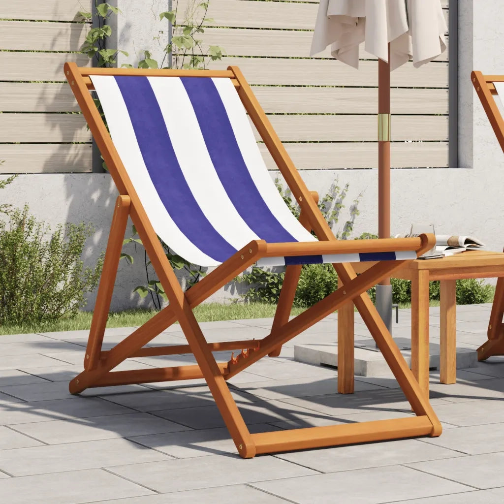 Sedia da Giardino | Sedia da Spiaggia Pieghevole Blu/Bianco in Eucalipto e Tessuto