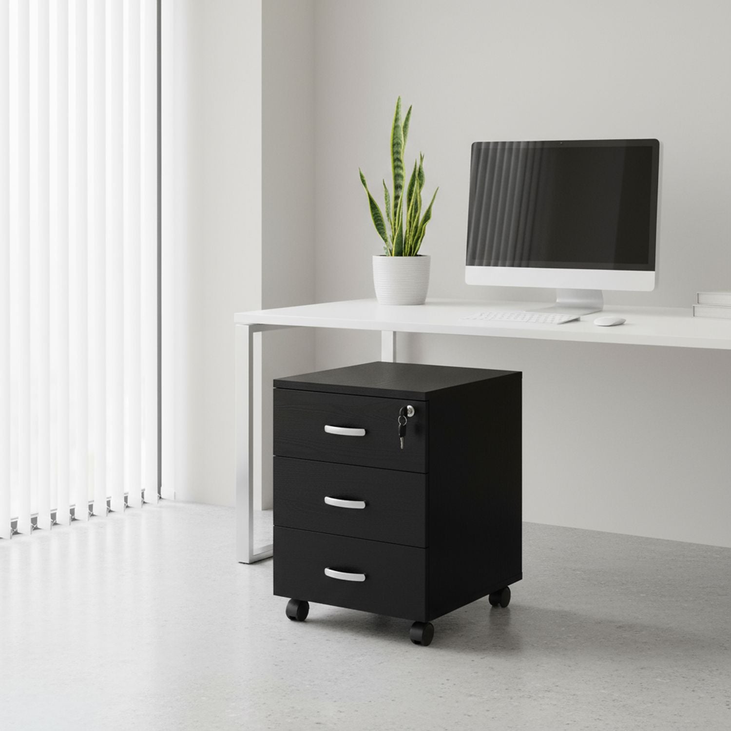 Marvin Cassettiera Ufficio In Legno Chiave Sicurezza Con Ruote Per Scrivania Tavolo 3 Cassetti Ripiani Nero