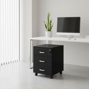 Marvin Cassettiera Ufficio In Legno Chiave Sicurezza Con Ruote Per Scrivania Tavolo 3 Cassetti Ripiani Nero
