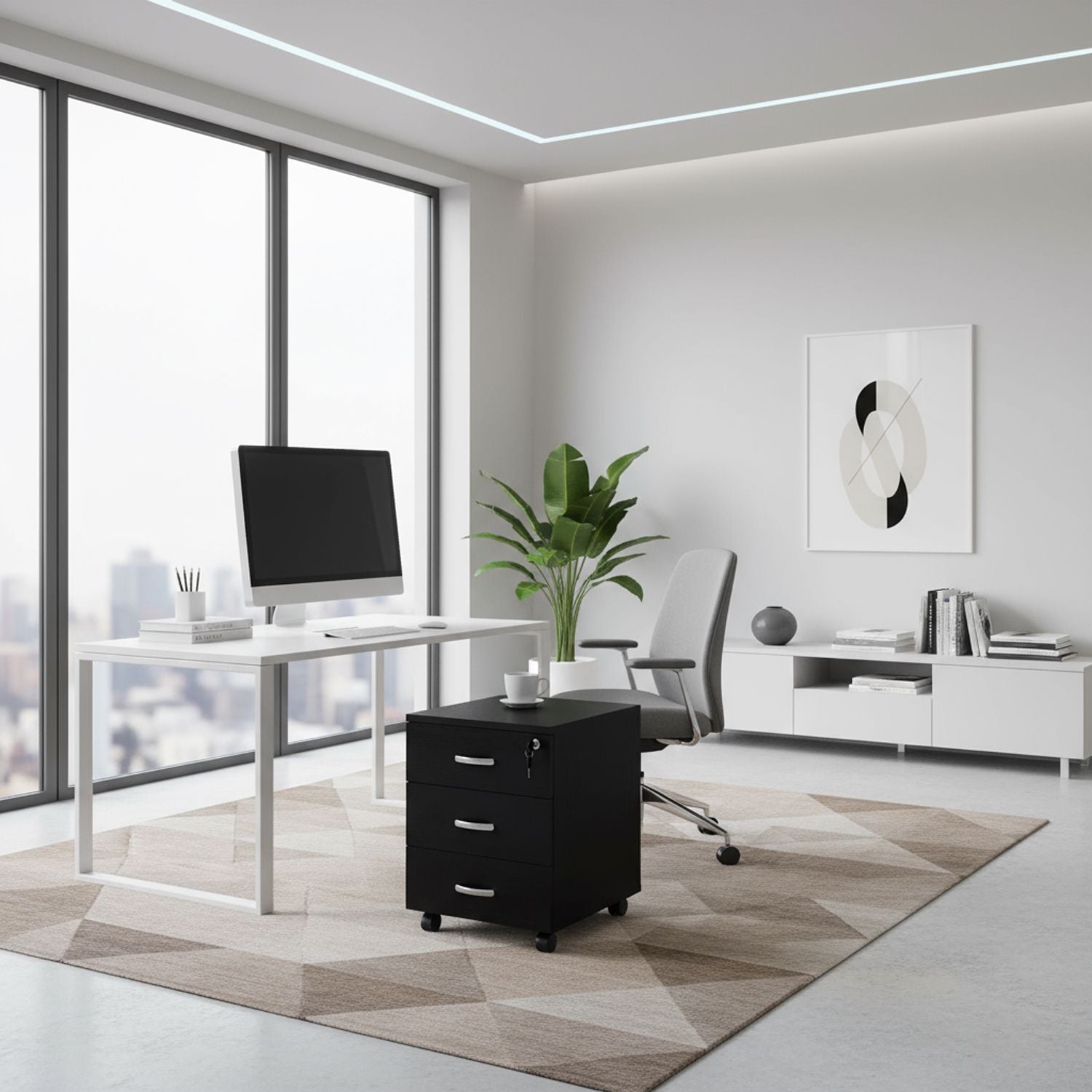 Marvin Cassettiera Ufficio In Legno Chiave Sicurezza Con Ruote Per Scrivania Tavolo 3 Cassetti Ripiani Nero