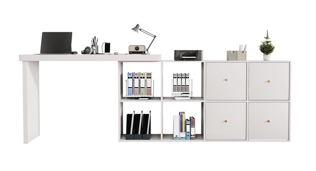 Scrivania angolare girevole a 360° con 4 cassetti e 4 vani, con sistema antiribaltamento, per ufficio, in MDF, bianco