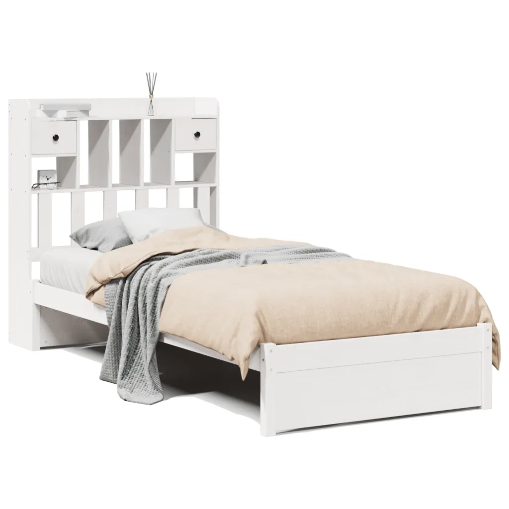 Letto Libreria senza Materasso-Struttura Letto con contenitore Bianco 90x190 cm Massello Pino 700489