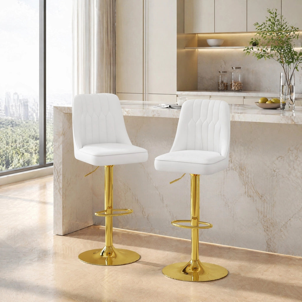 Sgabello da bar set da 2 girevole a 360° e regolabile in altezza con schienale trapuntato in PU metallo bianco e oro