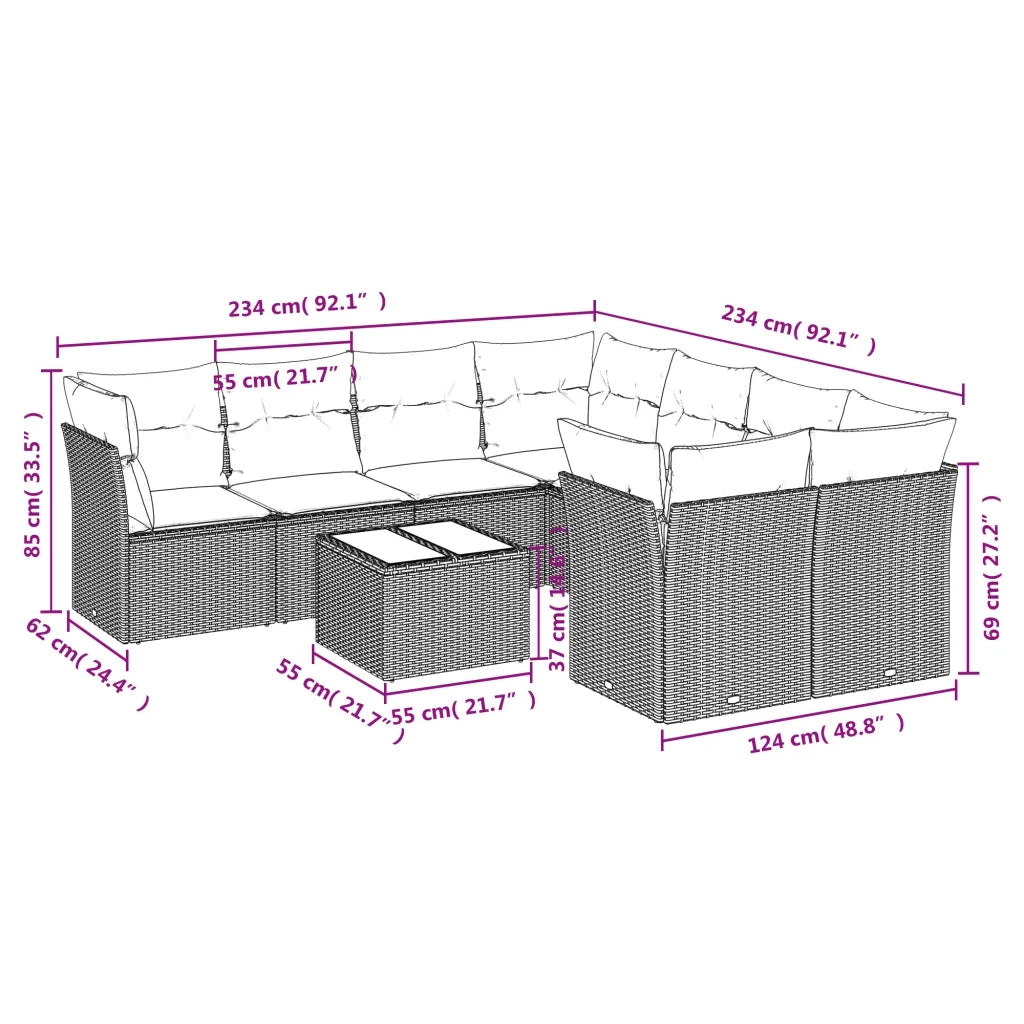 Set Divani da Giardino 9 pz con Cuscini Nero in Polyrattan
