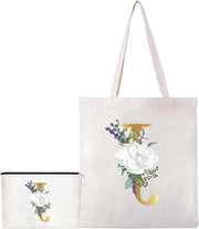 Borsa riutilizzabile per spesa - Borsa a mano in canapa - 2 pezzi - Lettere floreali - Borsa per il mare - Personalizzata - Adatta a donne e uomini - Canapa - Borsa a mano e borsa per trucco - Stampata.