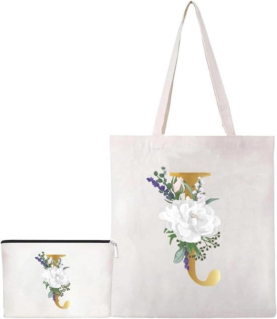 Borsa riutilizzabile per spesa - Borsa a mano in canapa - 2 pezzi - Lettere floreali - Borsa per il mare - Personalizzata - Adatta a donne e uomini - Canapa - Borsa a mano e borsa per trucco - Stampata.
