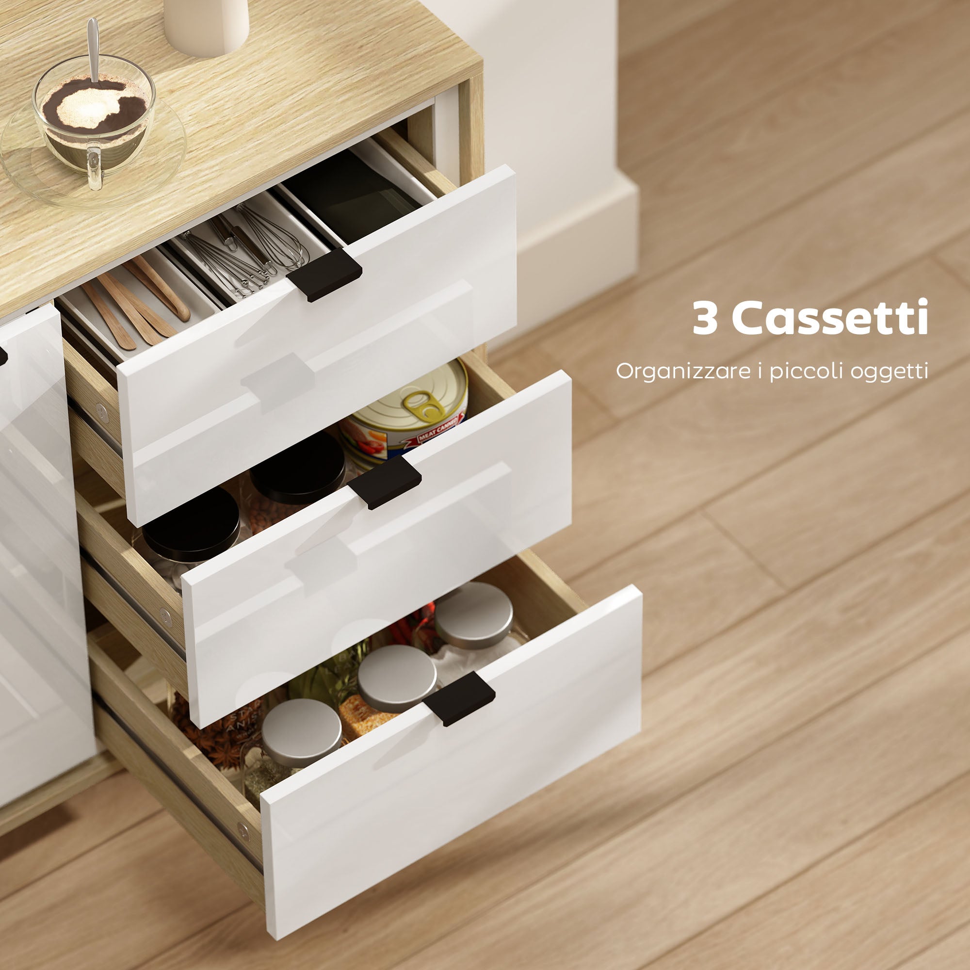 Credenza Moderna con 3 Cassetti e Armadietto Ante Lucide Bianco e Rovere